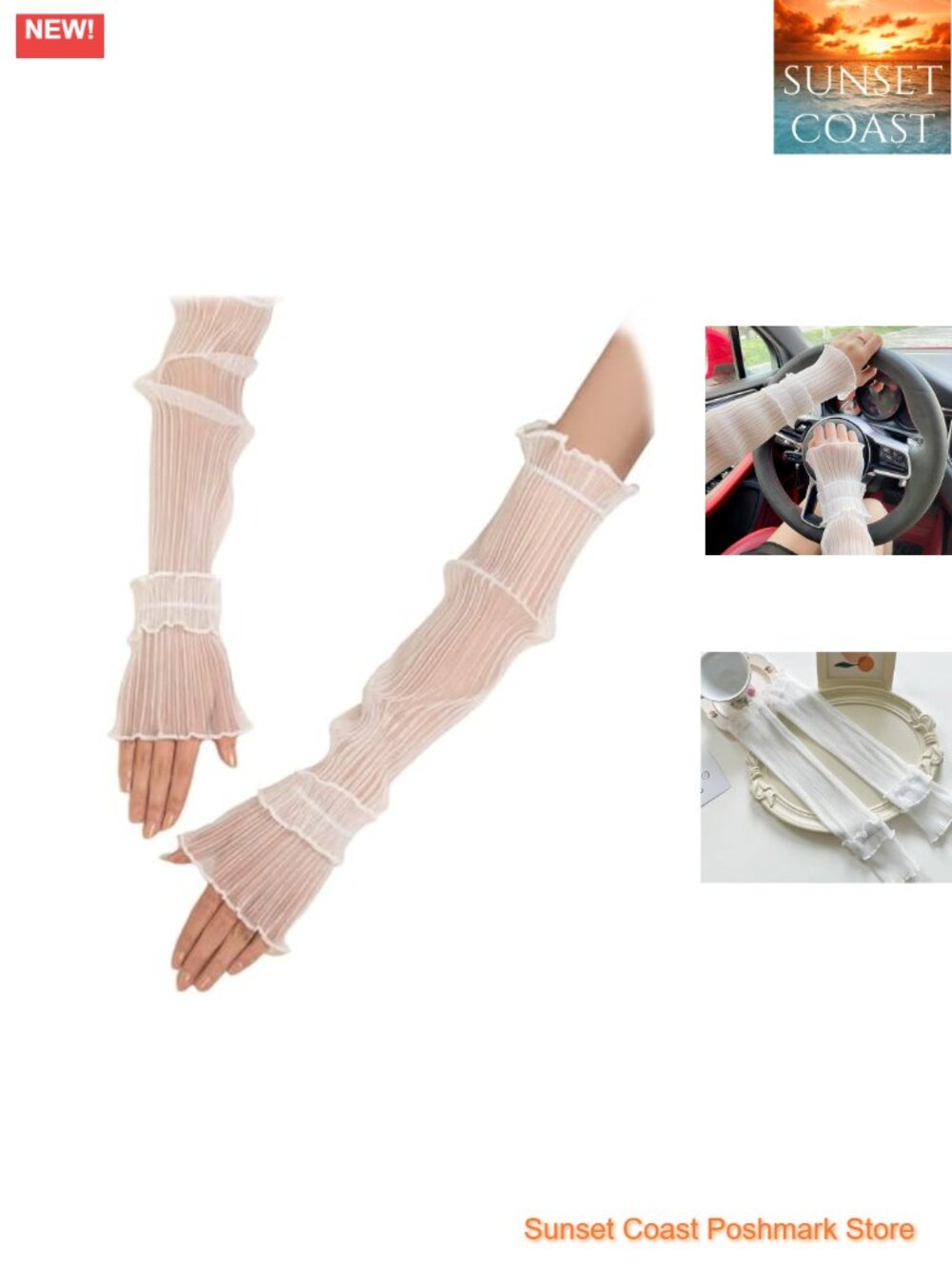 Lace Mesh Ruched Ruffle Hem UV Protection Arm Sleeves Fingerless